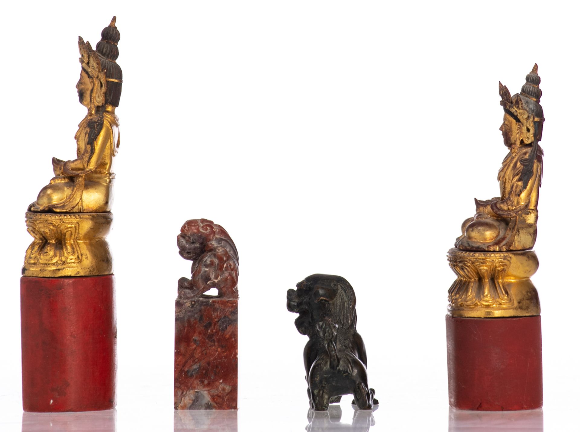 Two small Chinese gilt and polychrome wooden carved Buddhas on a wooden base; a bronze Ming style li - Image 2 of 6