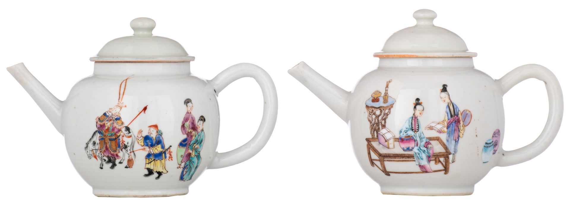 Two Chinese famille rose export porcelain teapots and covers, decorated with gallant scenes, 18thC,