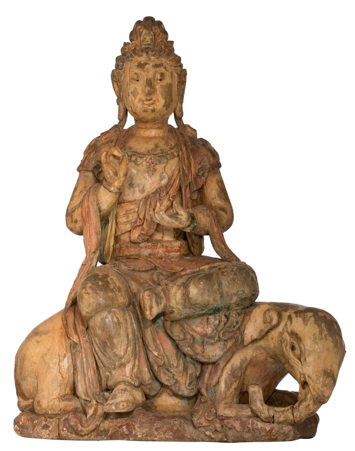 Two wooden sculptures representing Puxian Pusa on his mount and Wenshu Pusa on a lion, 16th - 17thC, - Image 2 of 12