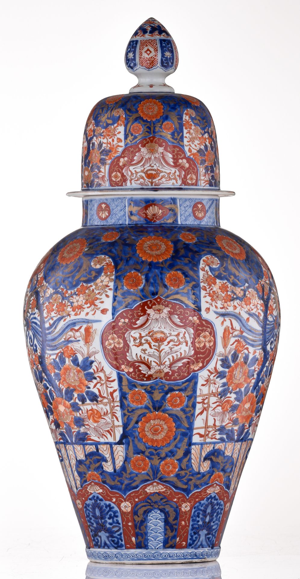 A large Japanese Arita Imari covered jar, decorated with flower sprays and with two large panels, fi - Image 3 of 7