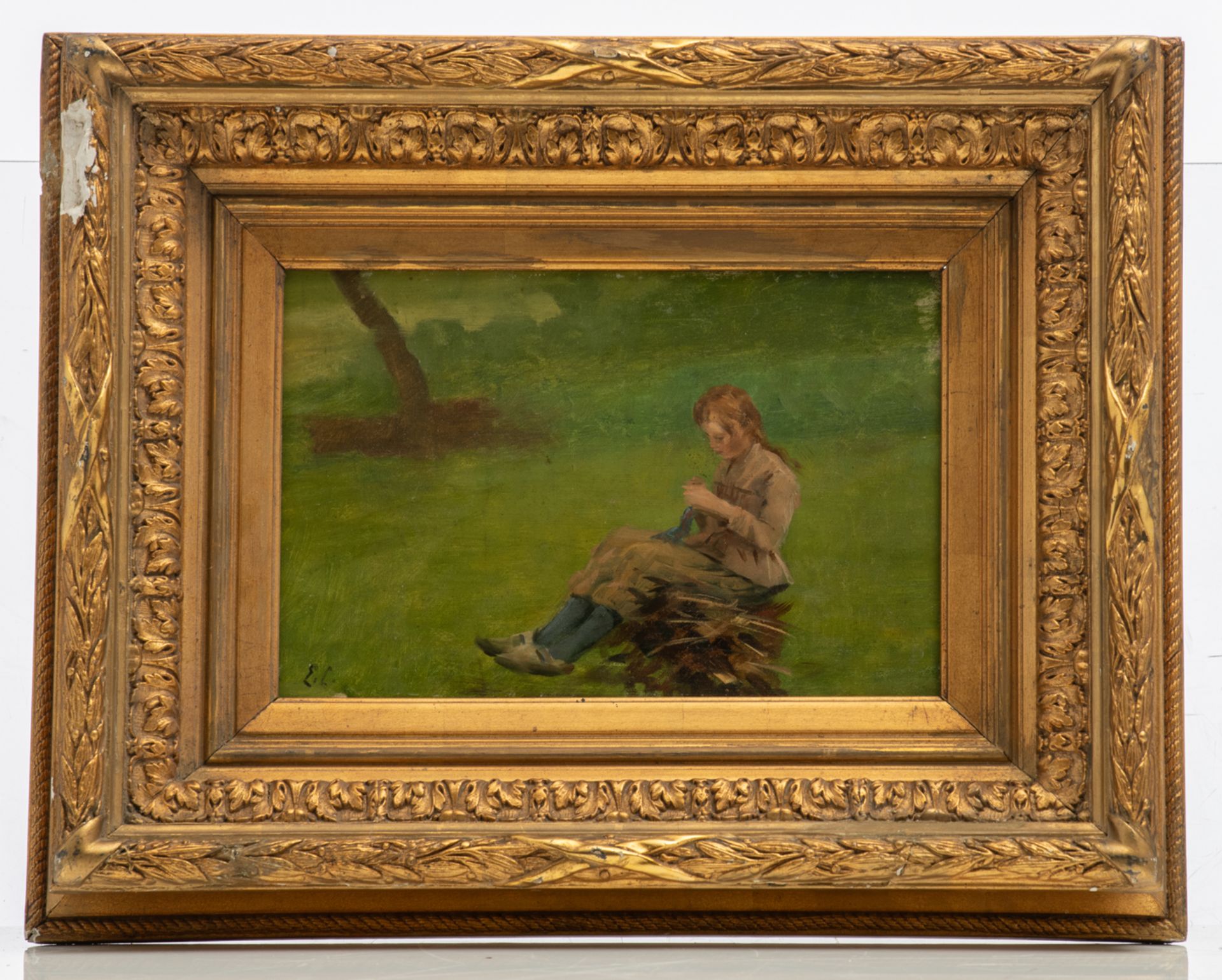 E.C. (Emile Claus), a young girl outside, oil sketch on panel, 20 x 29 cm - Bild 2 aus 4