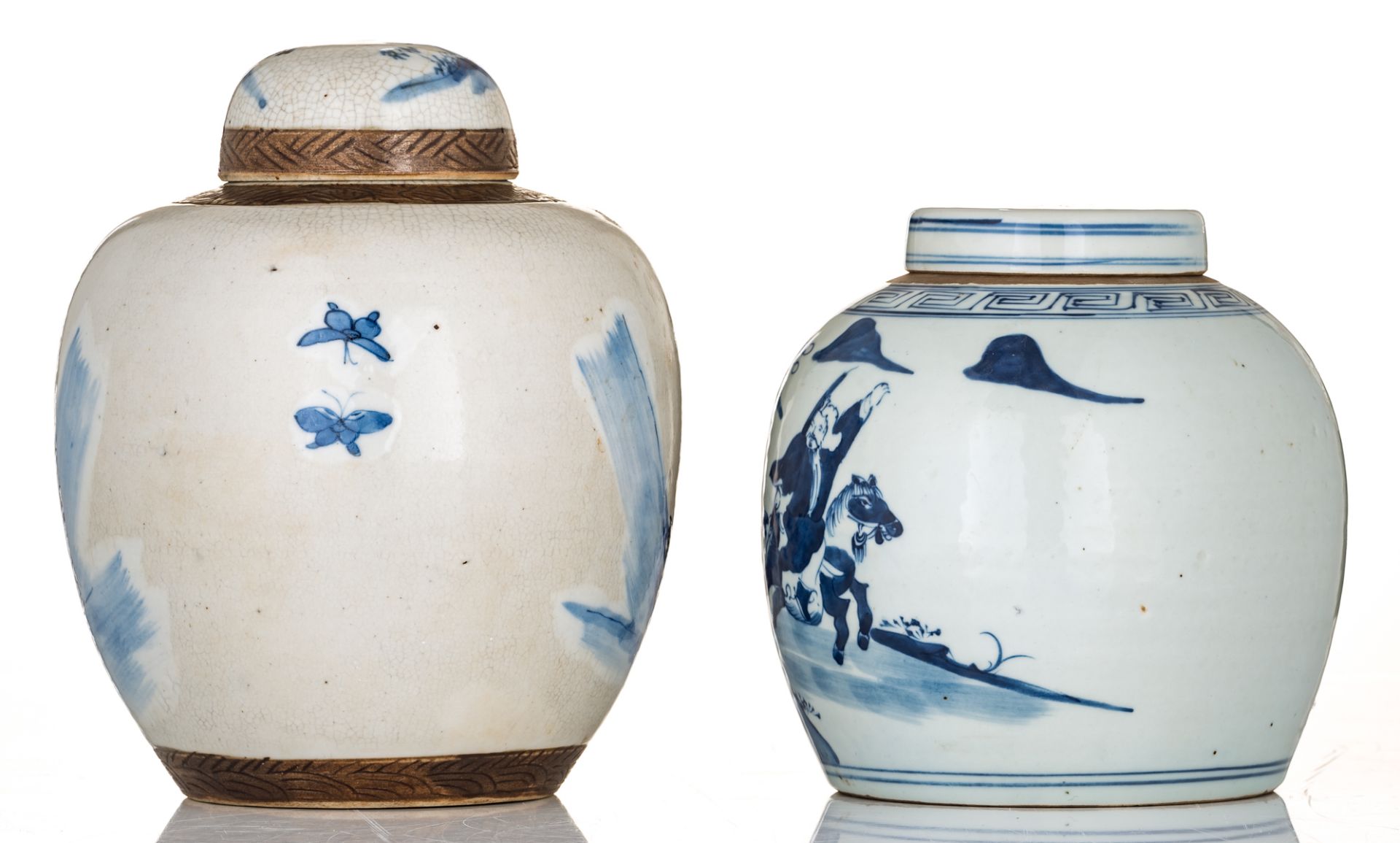 A ginger jar, blue & white decorated with a warrior scene, 18th/19thC; added a ditto stoneware jar, - Image 3 of 6