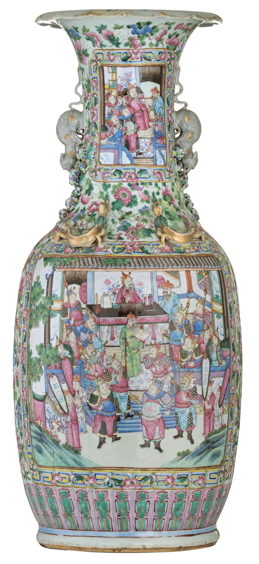 A large Chinese famille rose vase, decorated with court scenes, 19thC; added a Chinese carved hardwo - Image 2 of 8