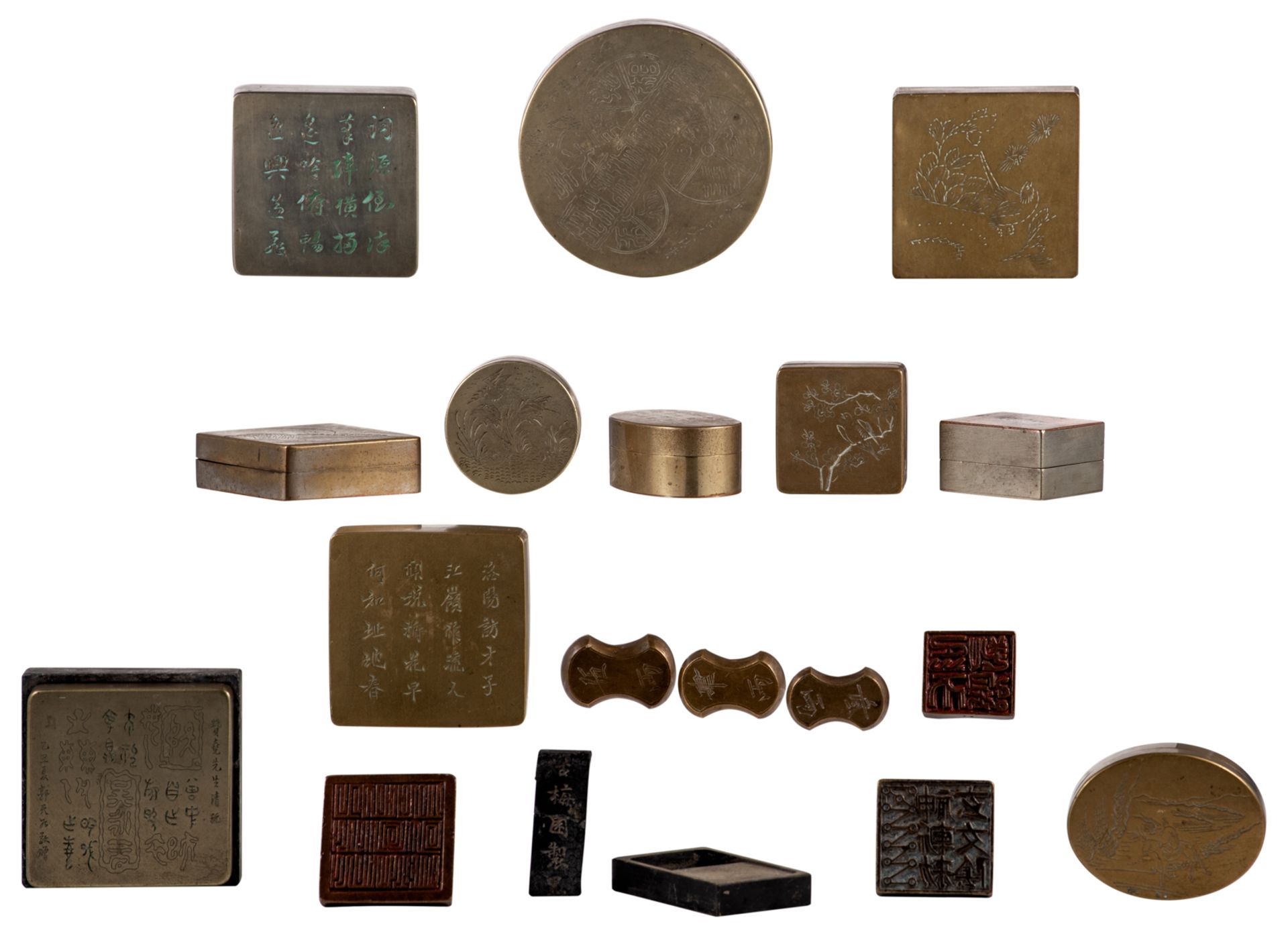 A lot of various Chinese metal weights, stamps and seal paste boxes, some items decorated with vario