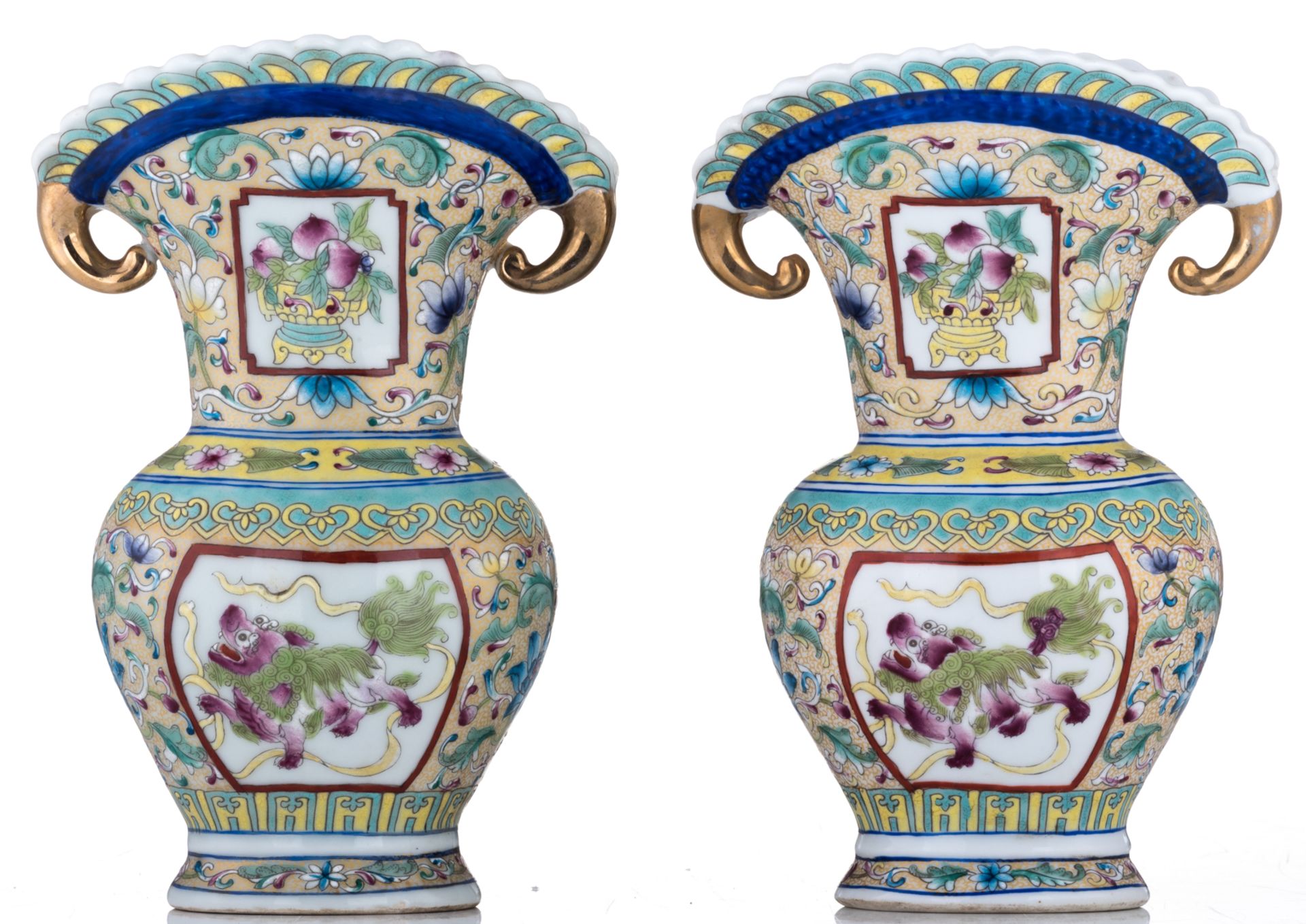 A pair of Chinese porcelain vases with polychrome enamels, decorated with flower scrolls and panels - Image 3 of 6