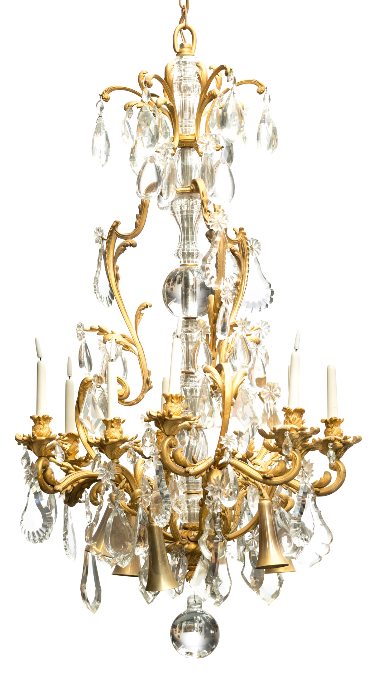 A gilt bronze chandelier embellished with crystal beads and drops, H 135 - ø 60 cm