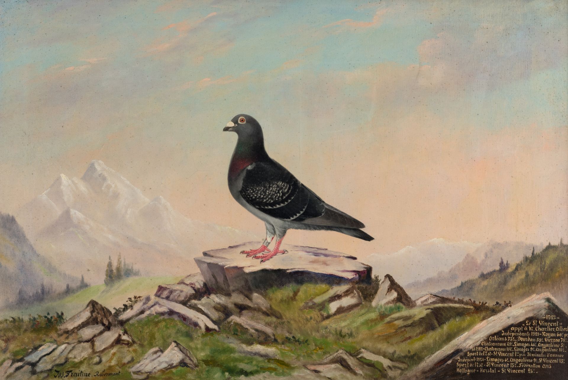 Fraiture J., 'Robermont' - the portrait of a prize pigeon, dated 1927, oil on canvas, 65 x 96 cm