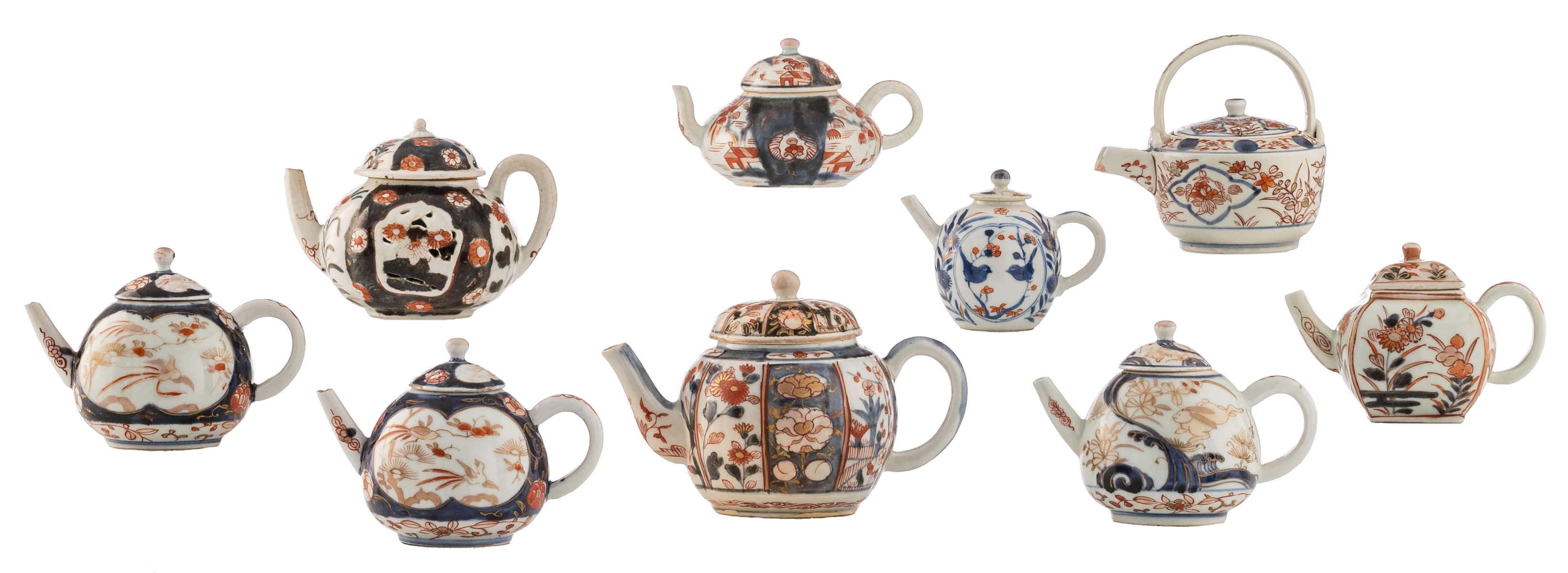 A lot of various Japanese Arita Imari porcelain tea pots, 18thC, H 7,8 - 12 cm