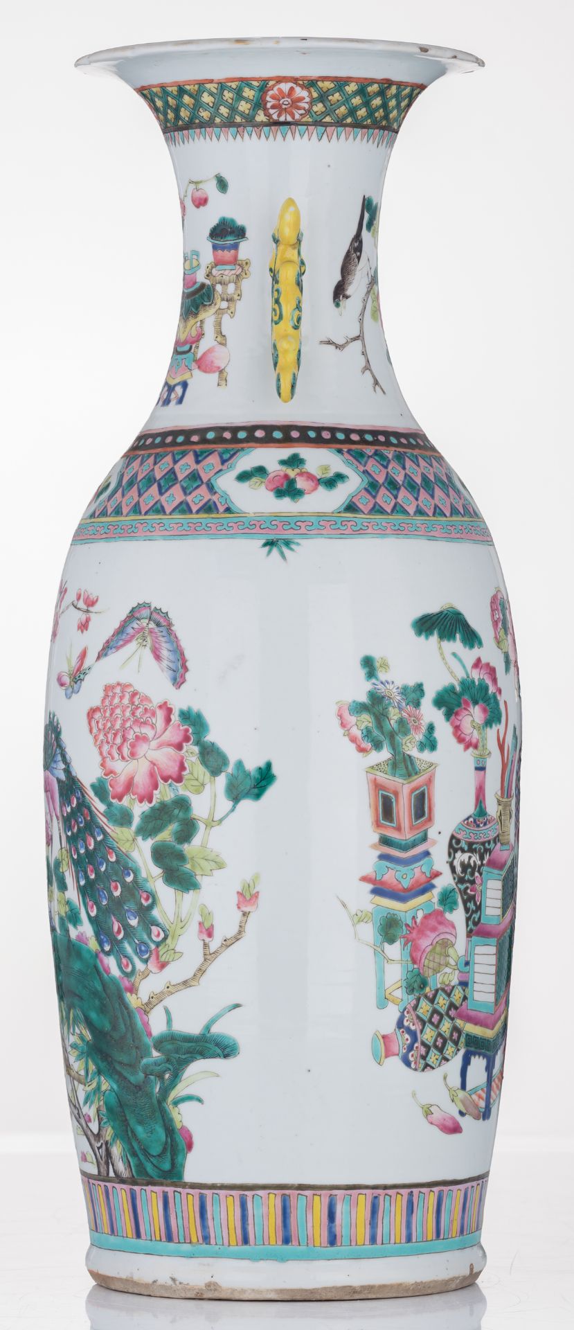 A Chinese famille rose vase, decorated with peacocks, flower branches, butterflies and antiquities, - Image 4 of 6