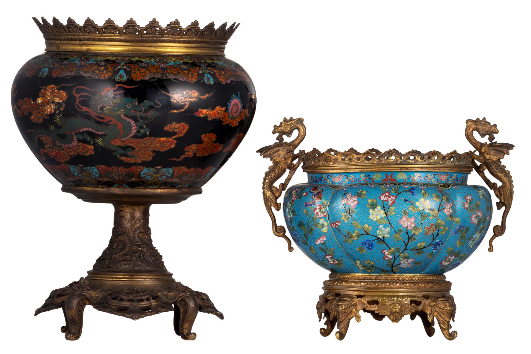 Two Chinese cloisonné enamel jardinieres with bronze mounts, 19th / 20thC, H 27 - 38 - W 31 - ø 29 c