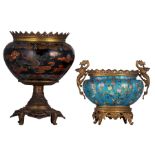 Two Chinese cloisonné enamel jardinieres with bronze mounts, 19th / 20thC, H 27 - 38 - W 31 - ø 29 c