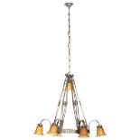 An Art Deco chandelier with light shades in glass paste, interwar period, H 69 cm - ø 87 cm