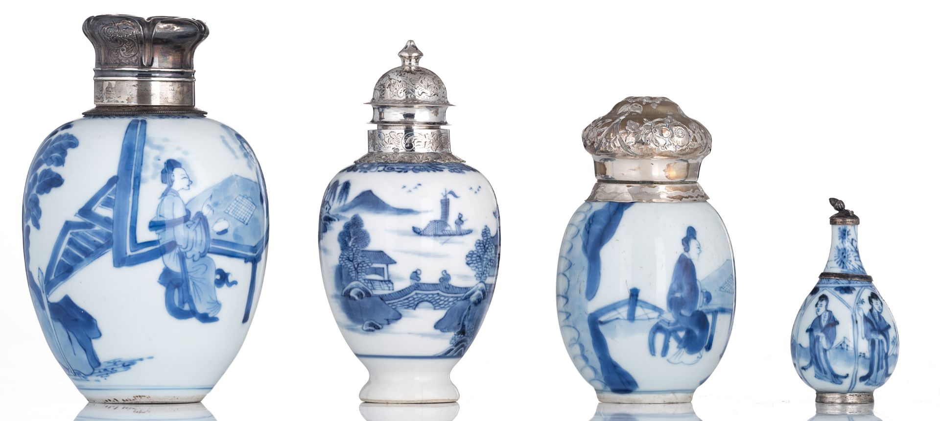 A lot of four small Chinese porcelain blue and white vases with silver mounts, three decorated with - Image 4 of 6