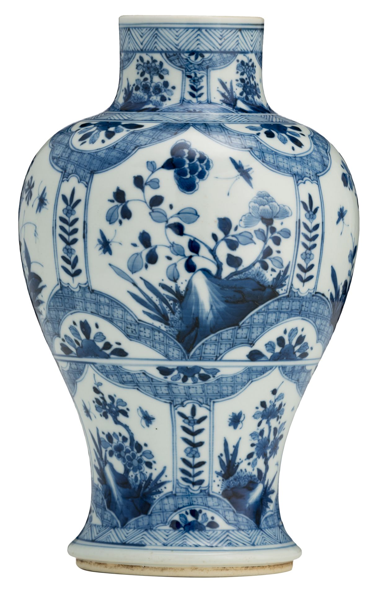 A Chinese blue and white baluster shaped vase, the roundels decorated with flower branches and butte