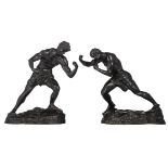 Lambeaux J., two 'Lutteurs', patinated bronze, H 38 - 41,5 cm