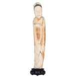 A Chinese sculpted and black coloured (walrus?) ivory beauty, on an ebonised wooden base, first half