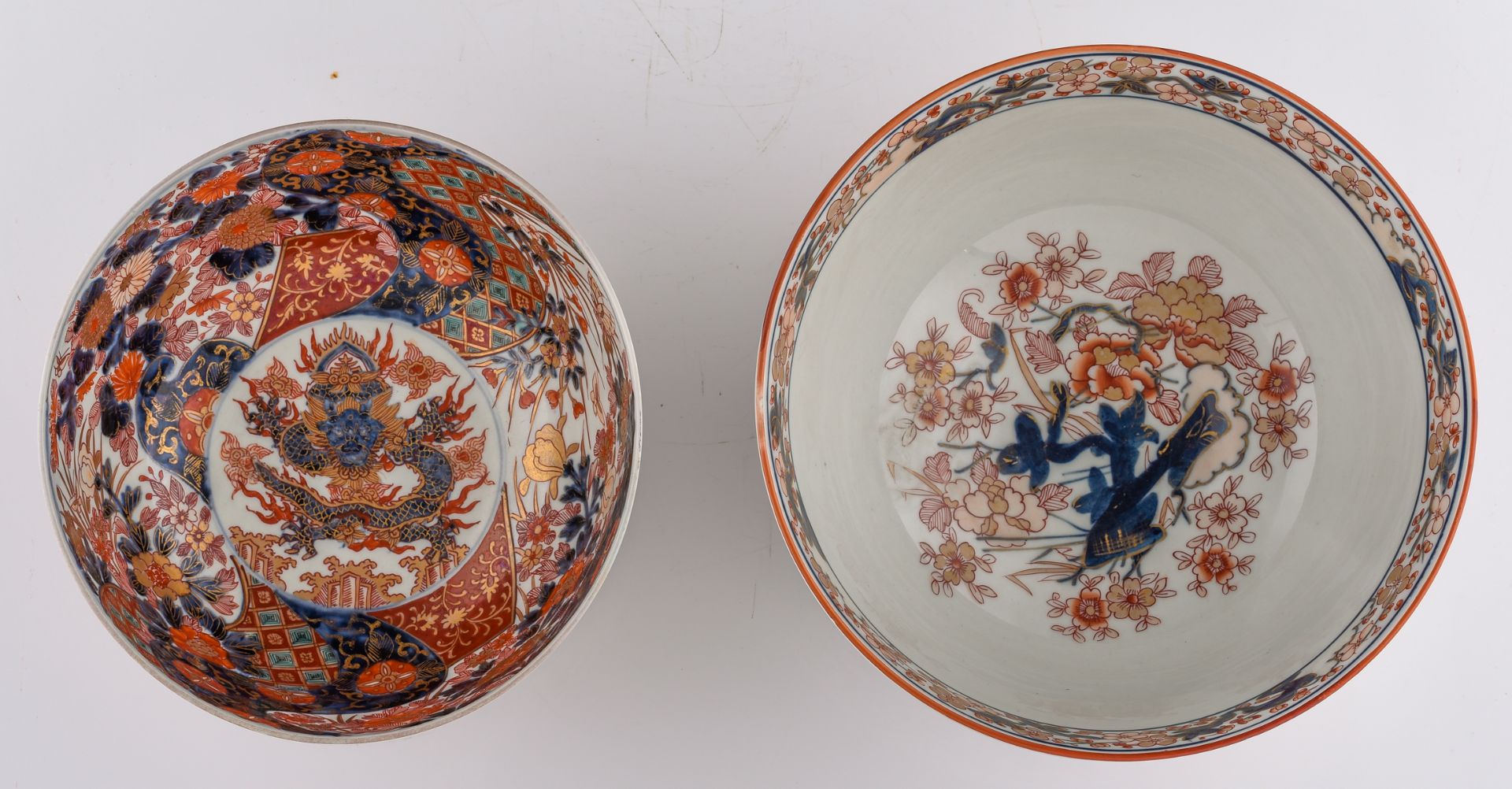 Two large Japanese Arita Imari bowls, one with a five clawed dragon in the centre and borders with a - Image 4 of 5