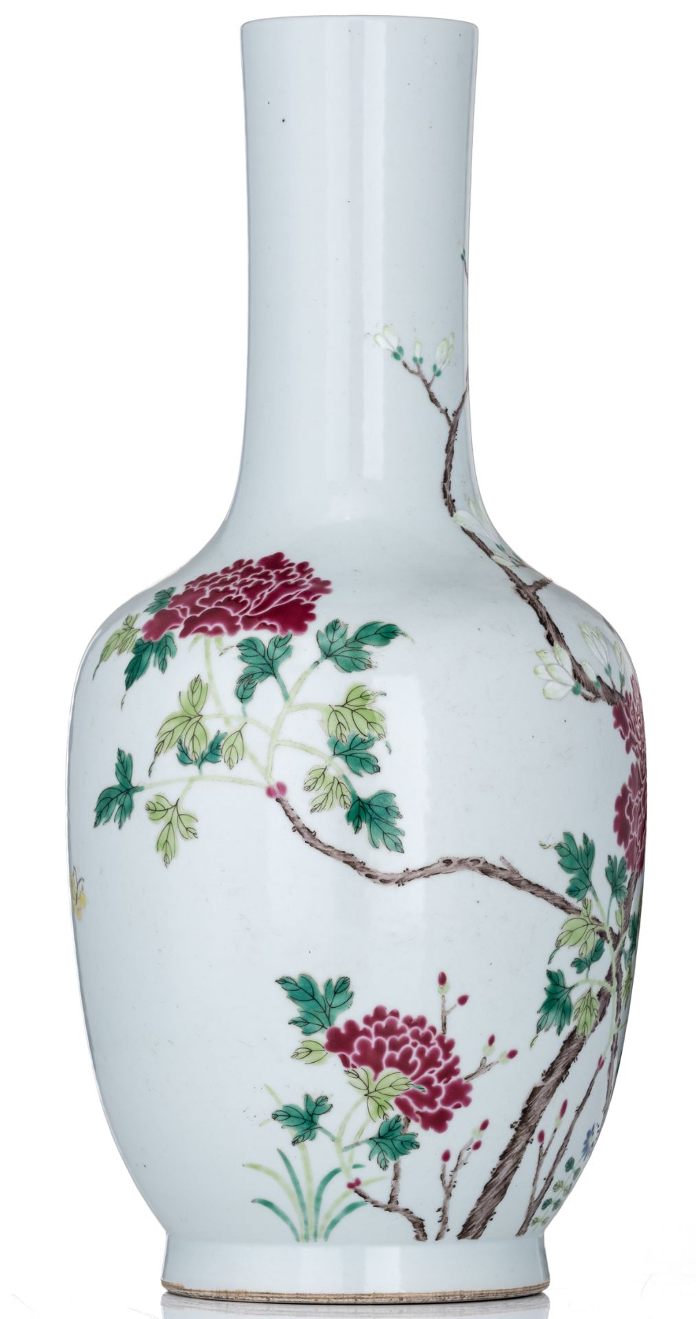 A Chinese famille rose begonia shaped vase, decorated with flower branches and butterflies, H 49 cm - Bild 4 aus 6