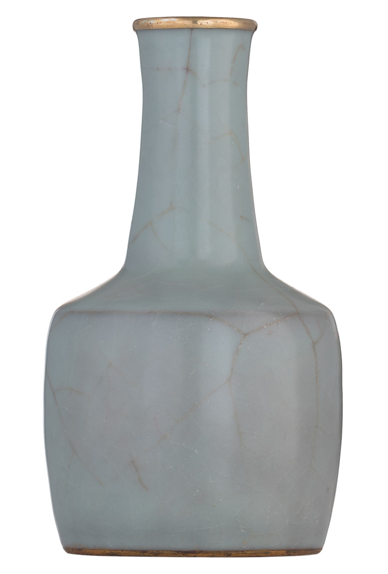 A Chinese celadon crackleware mallet shaped vase with gilt decoration, marked, H 19 cm