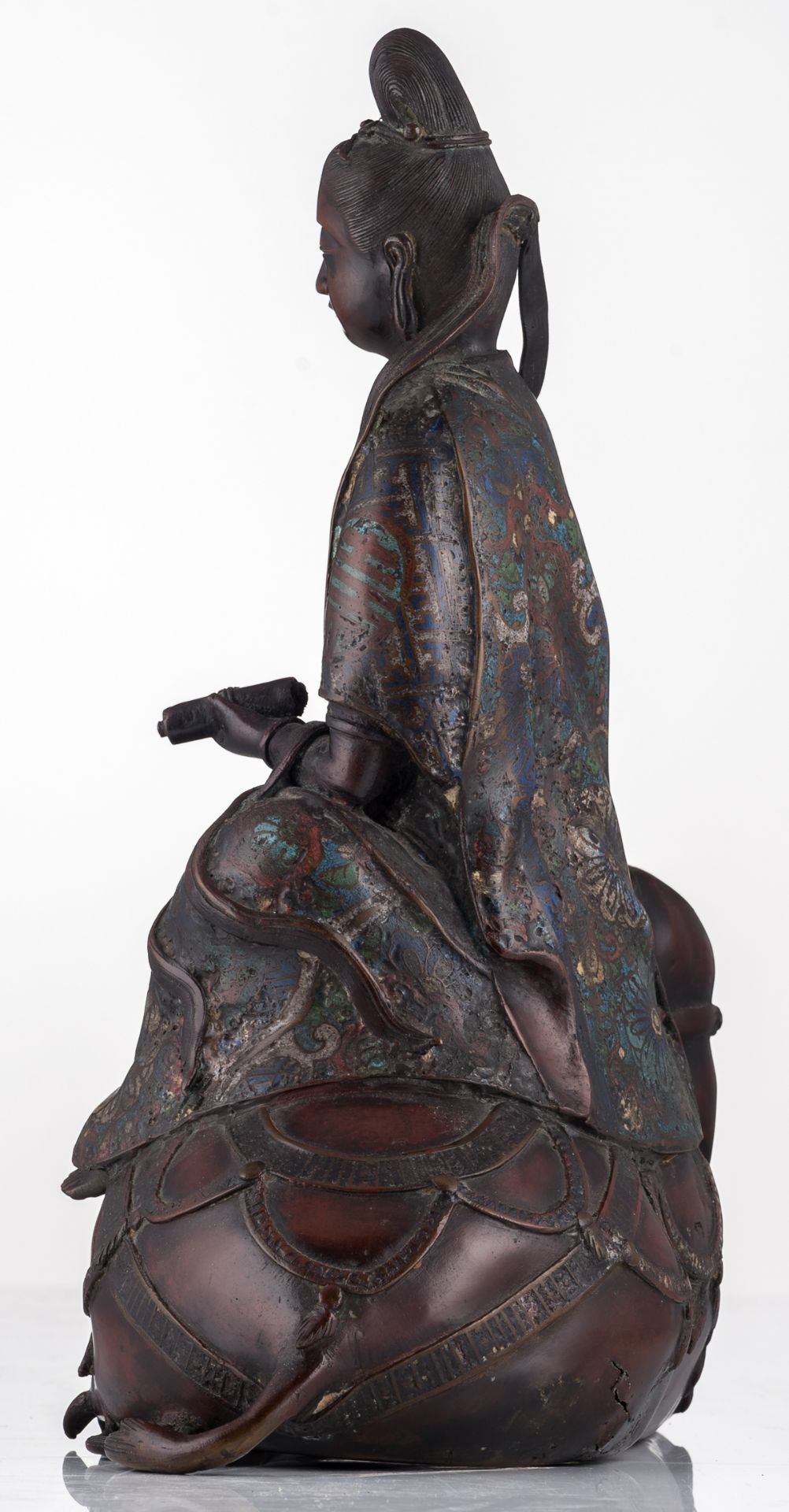 A Chinese cloisonné enamel bronze group, depicting a seated Guanyin on an elephant, marked, H 40 - W - Image 2 of 5