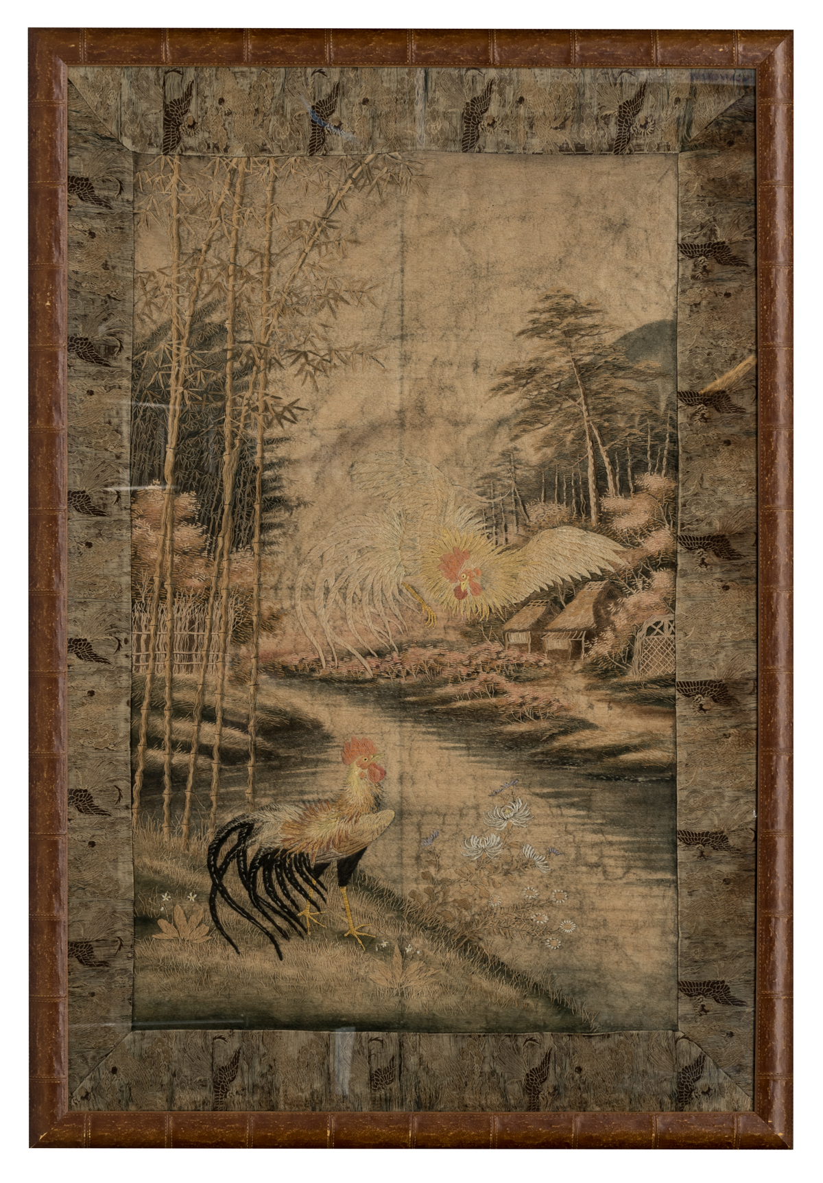 Two Japanese embroidered tapestries, one depicting cranes in a river landscape and one depicting coc - Image 3 of 5