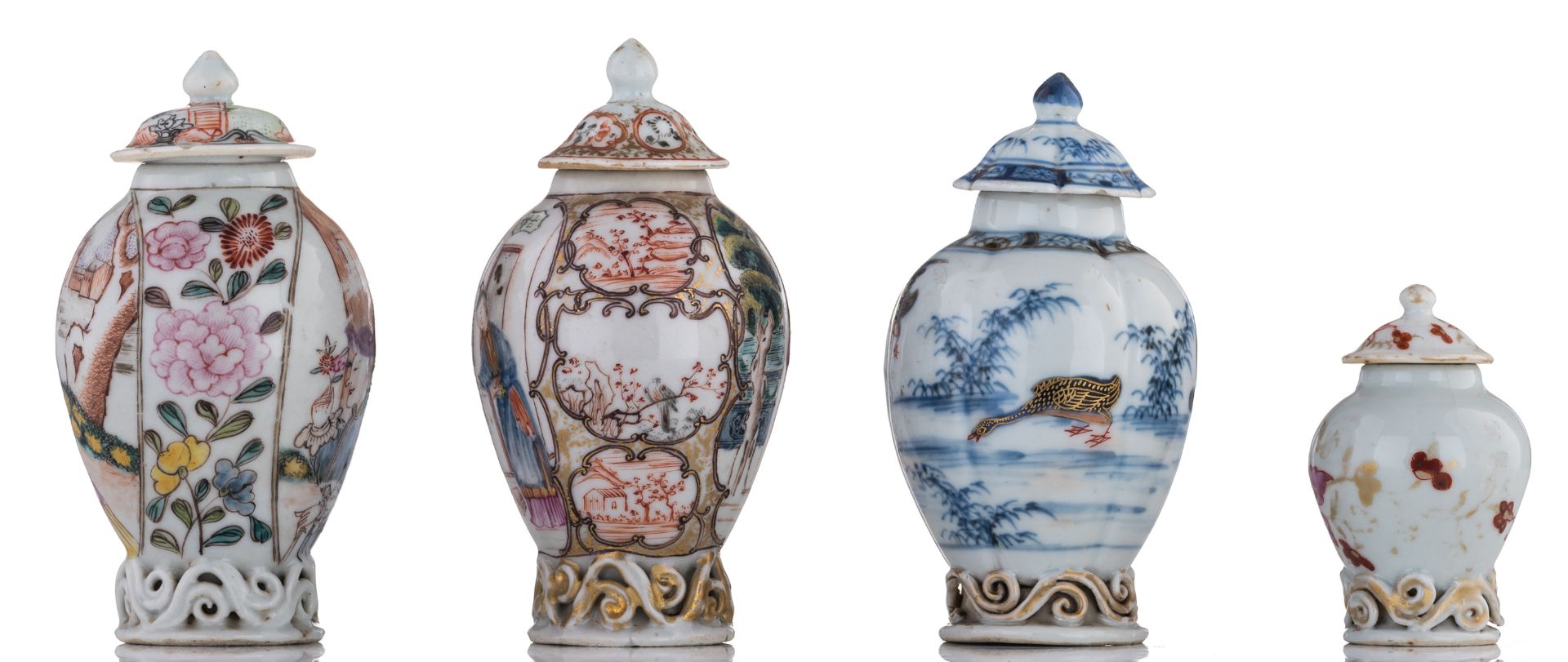 A lot of four Chinese porcelain tea caddies, relief decorated with scrollwork, the smallest one was - Image 2 of 7