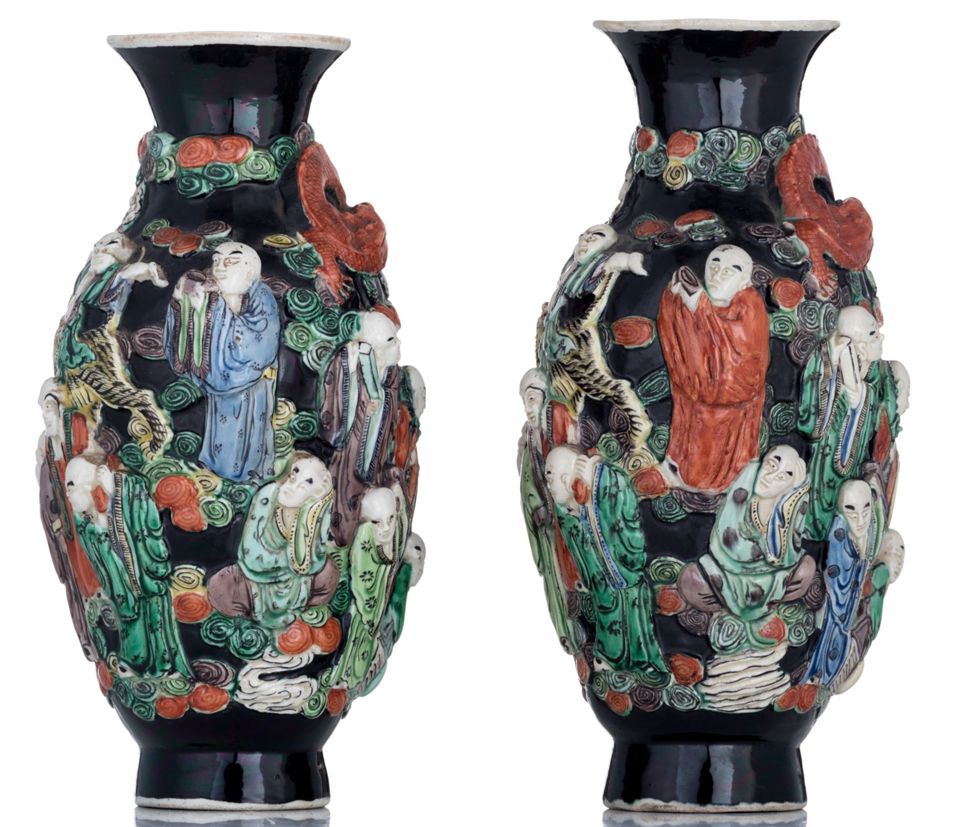 A Chinese near pair of black ground and polychrome vases, relief decorated with figures and a dragon - Image 4 of 6