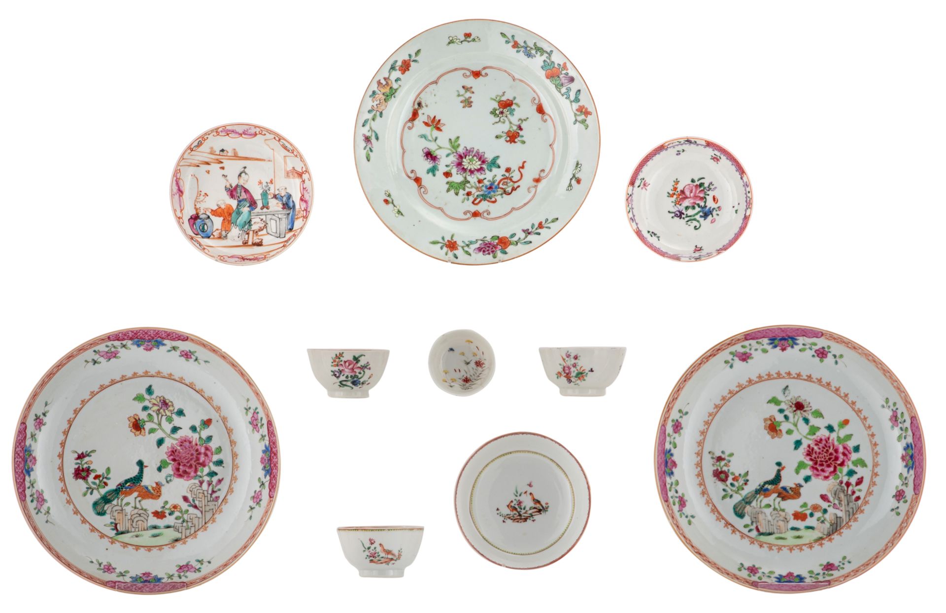 A lot of various Chinese famille rose export porcelain dishes, cups and saucers, 18thC; added a simi