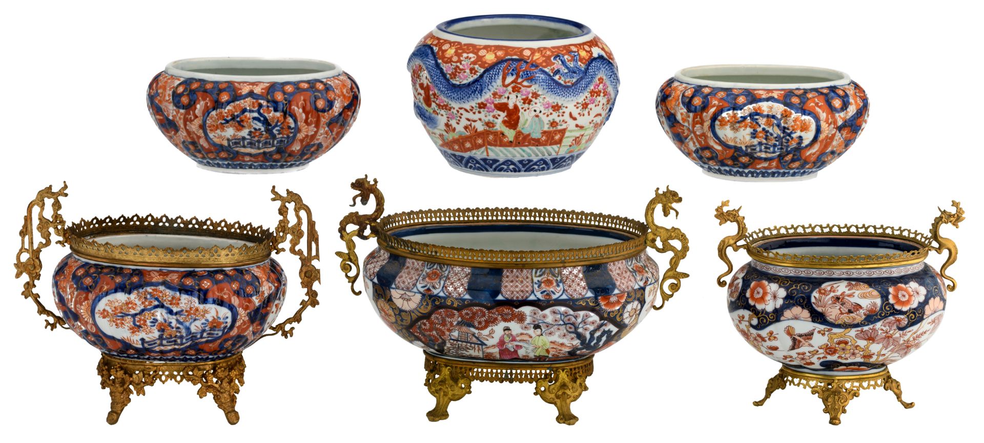 A lot of one round, two ovoid and three mounted ovoid Japanese Arita Imari porcelain basins, later 1