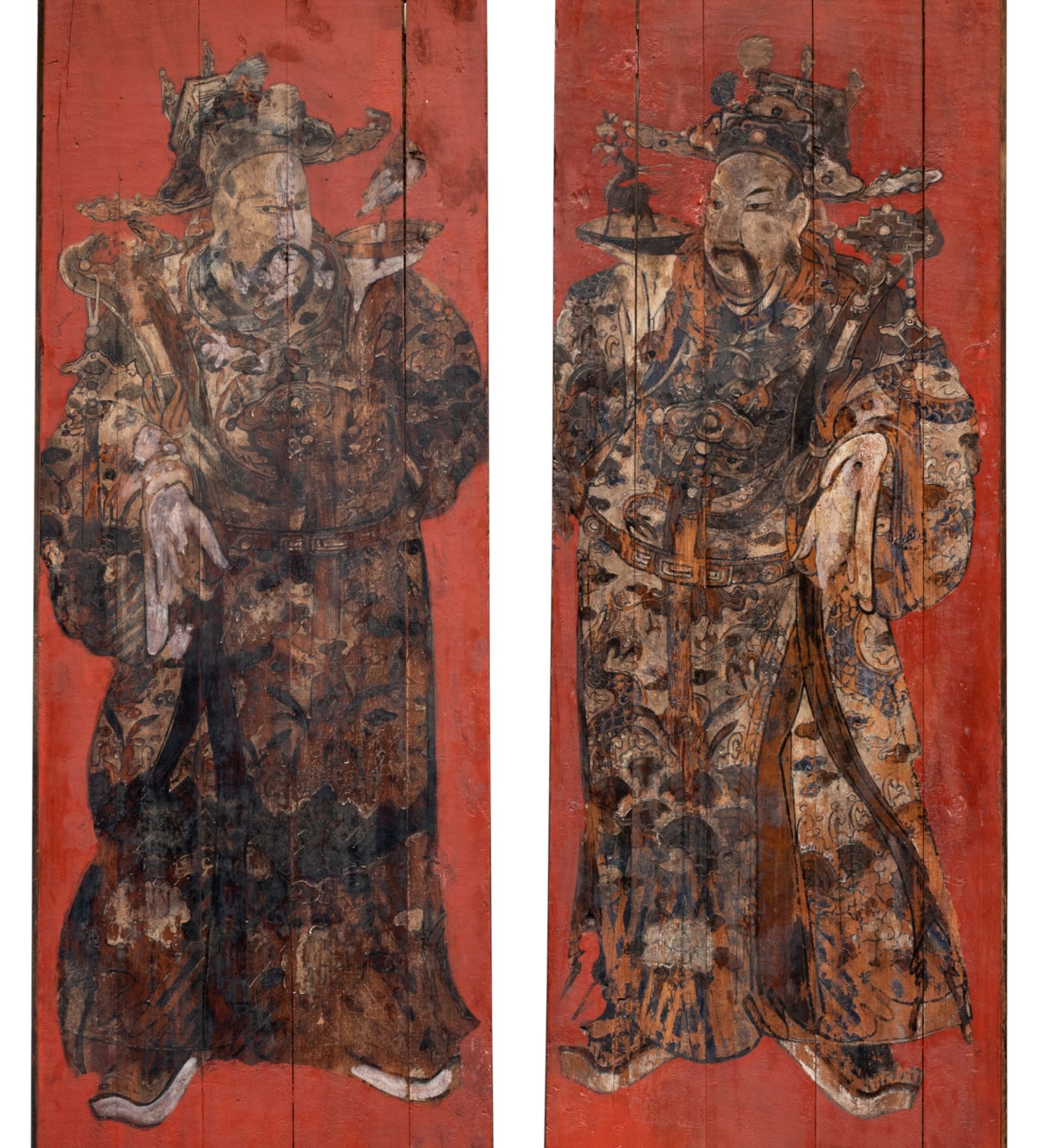 A pair of temple doors. Both doors are painted with civil door guardians, based on scholar-official