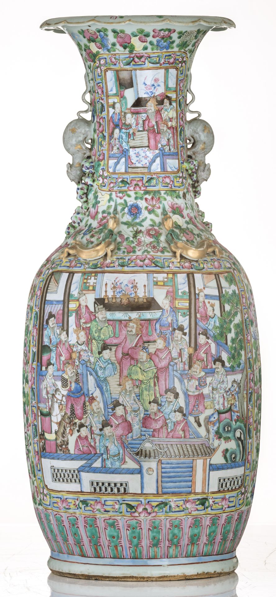 A large Chinese famille rose vase, decorated with court scenes, 19thC; added a Chinese carved hardwo - Image 4 of 8