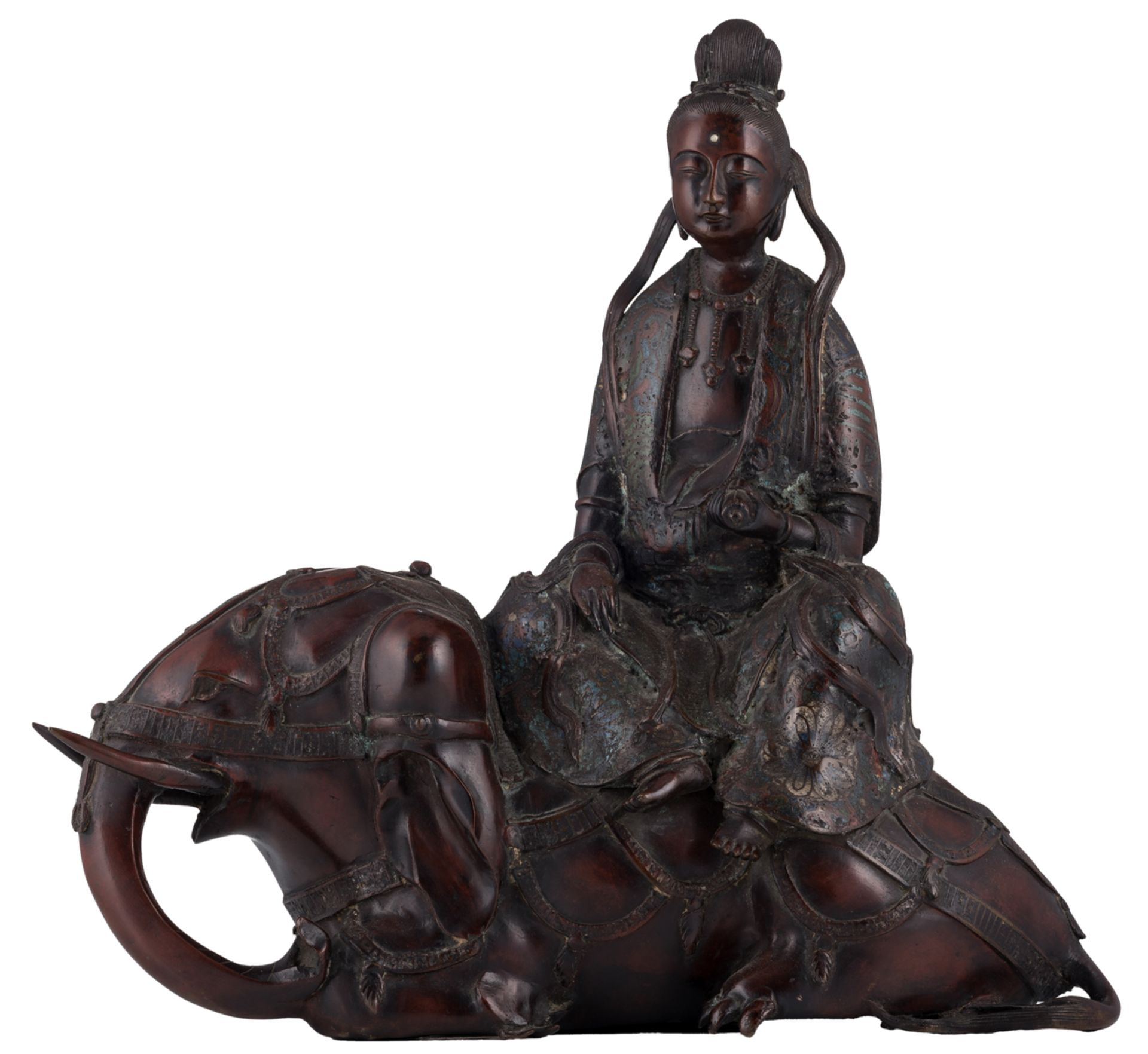 A Chinese cloisonné enamel bronze group, depicting a seated Guanyin on an elephant, marked, H 40 - W