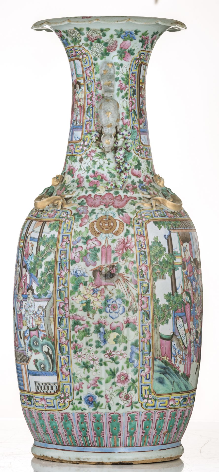 A large Chinese famille rose vase, decorated with court scenes, 19thC; added a Chinese carved hardwo - Image 5 of 8