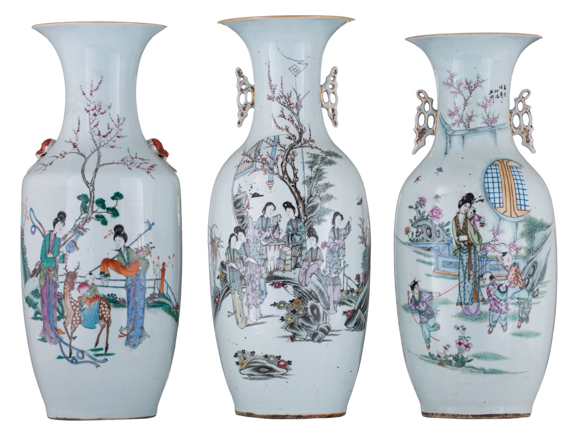 Three Chinese famille rose vases, decorated with various animated scenes with ladies, children and a