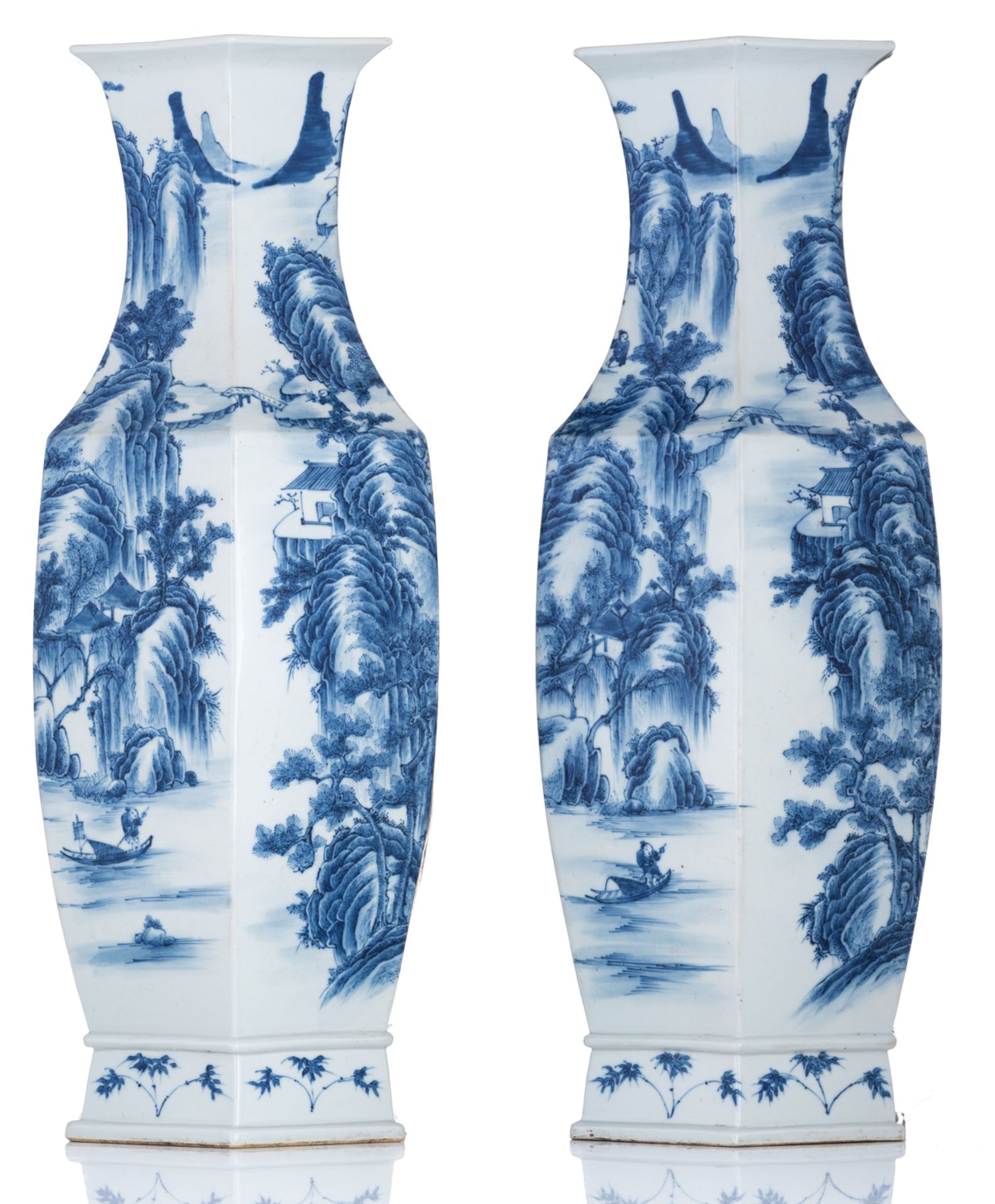A pair of Chinese blue and white hexagonal vases, overall decorated with pavilions and figures in a - Image 2 of 6