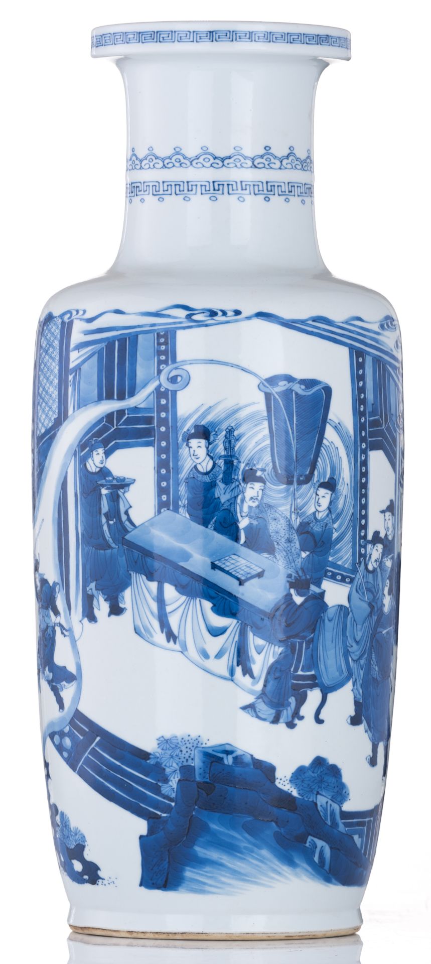 A Chinese blue and white rouleau vase, decorated with a scene referring to the mythical or historica - Image 2 of 6