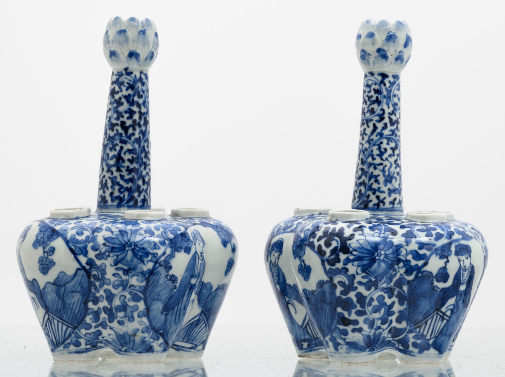 A pair of Chinese blue and white floral and relief decorated tulip vases, the roundels with figures - Image 4 of 7