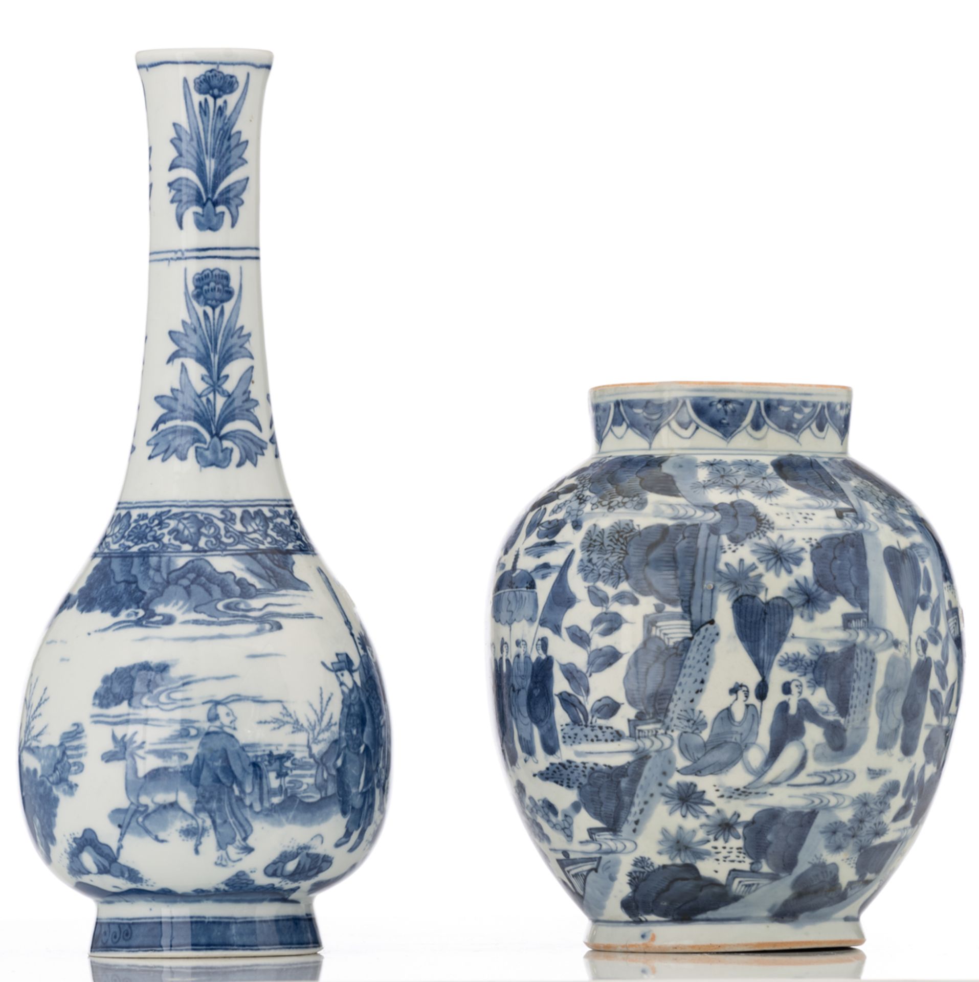 A Japanese Arita blue and white jar, decorated with figures in a Chinese style landscape, late 17 th - Image 3 of 6