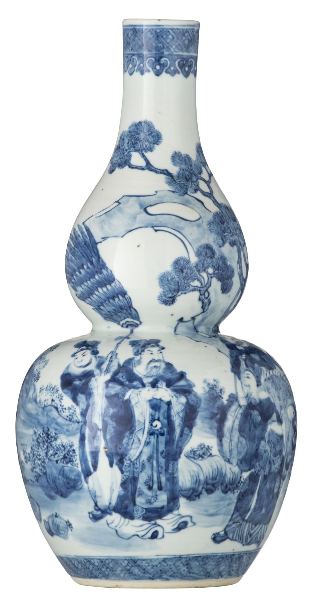 A Chinese blue and white double gourd vase, overall decorated with officials, their attendants and a