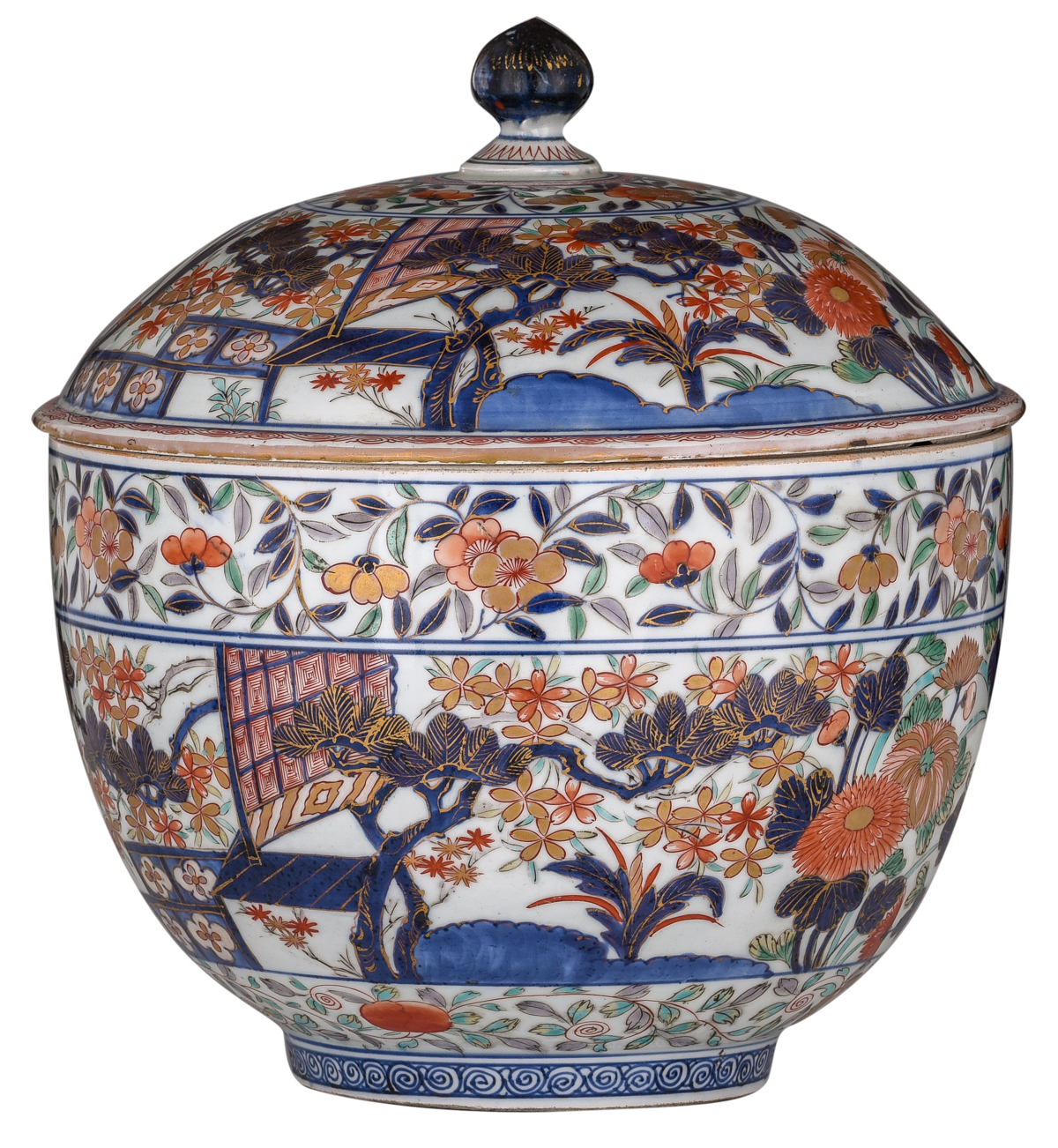 A large Japanese Arita Imari covered bowl, decorated with a pavilion in garden setting, with flower