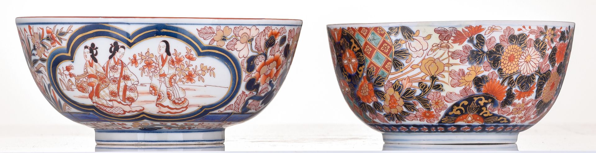 Two large Japanese Arita Imari bowls, one with a five clawed dragon in the centre and borders with a - Image 3 of 5