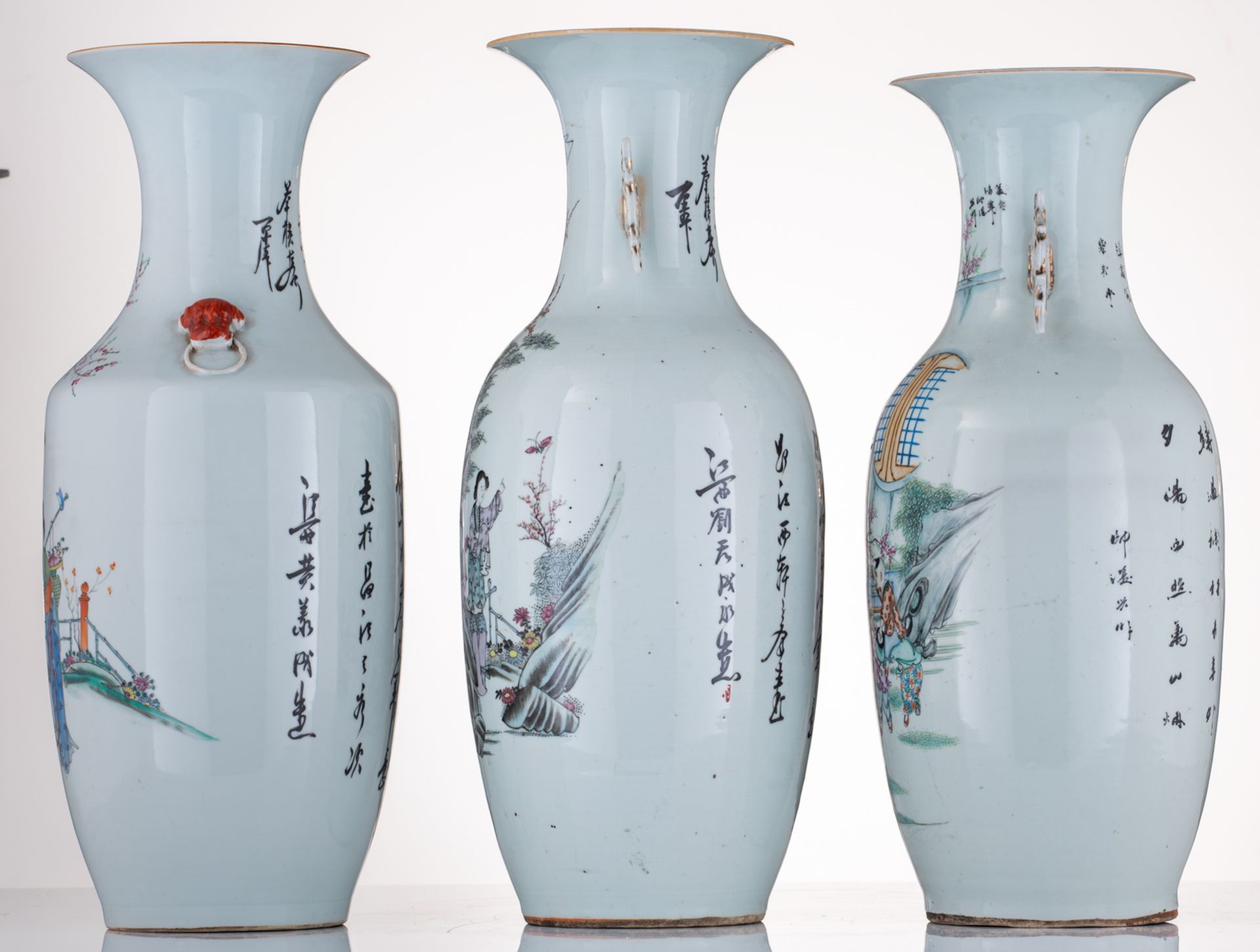 Three Chinese famille rose vases, decorated with various animated scenes with ladies, children and a - Image 2 of 6