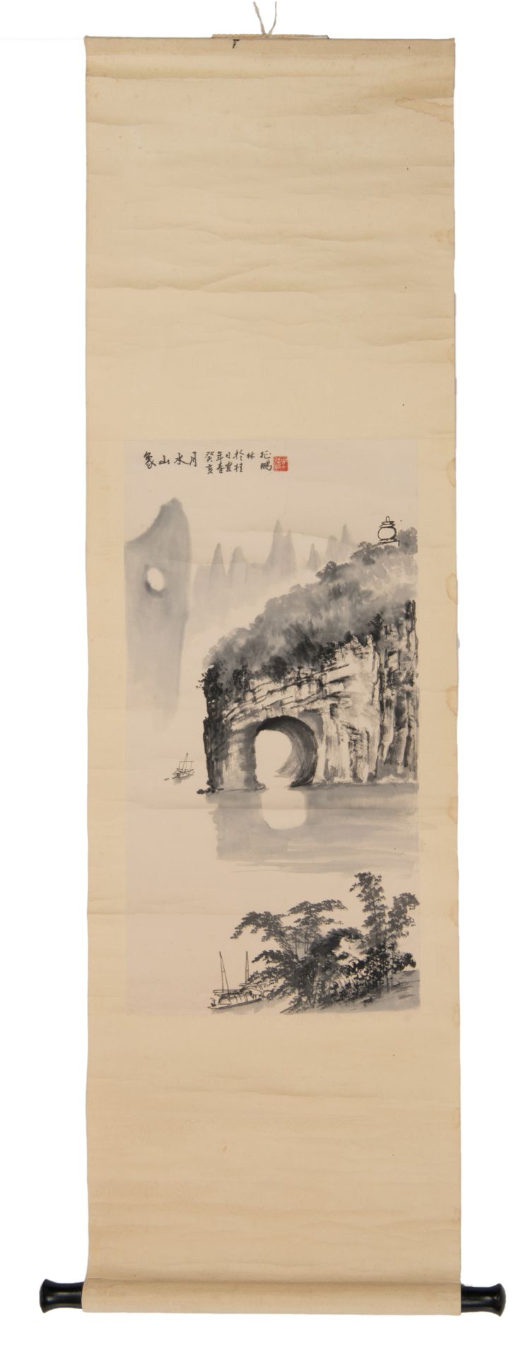 Illegibly signed, a Chinese scroll depicting a landscape with a rock and a pagoda, 32,5 x 64 (withou - Bild 2 aus 4