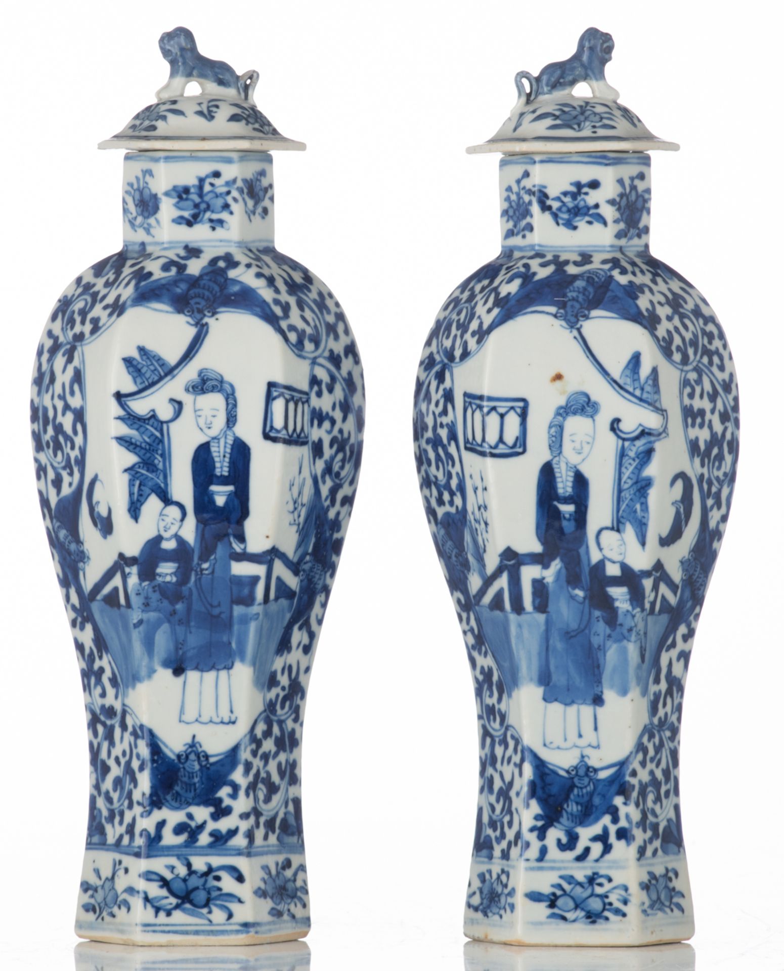A pair of Chinese hexagonal porcelain vases and covers, blue and white decorated with figures in a p - Image 3 of 7