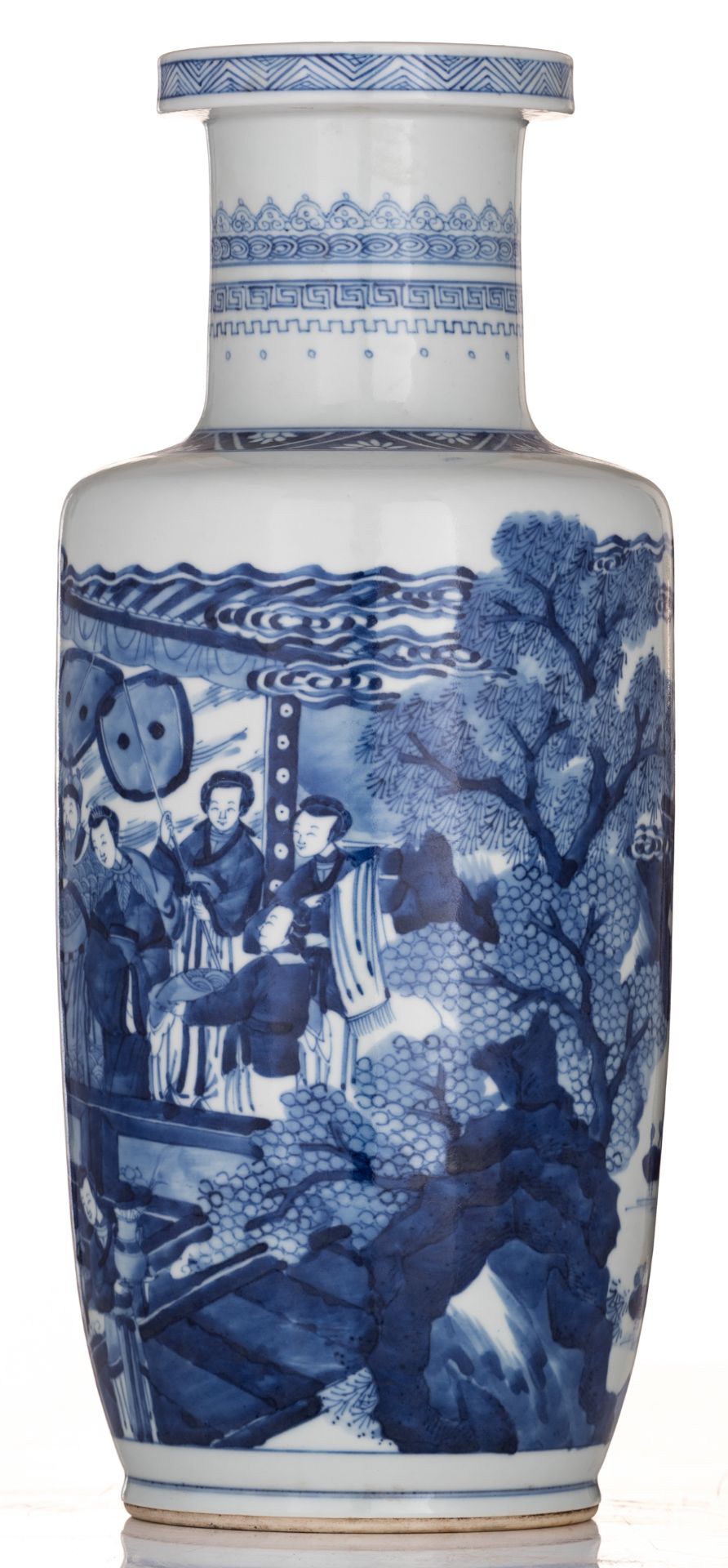 A Chinese blue and white rouleau vase, decorated with an official, his wife and servants sitting in - Image 2 of 6