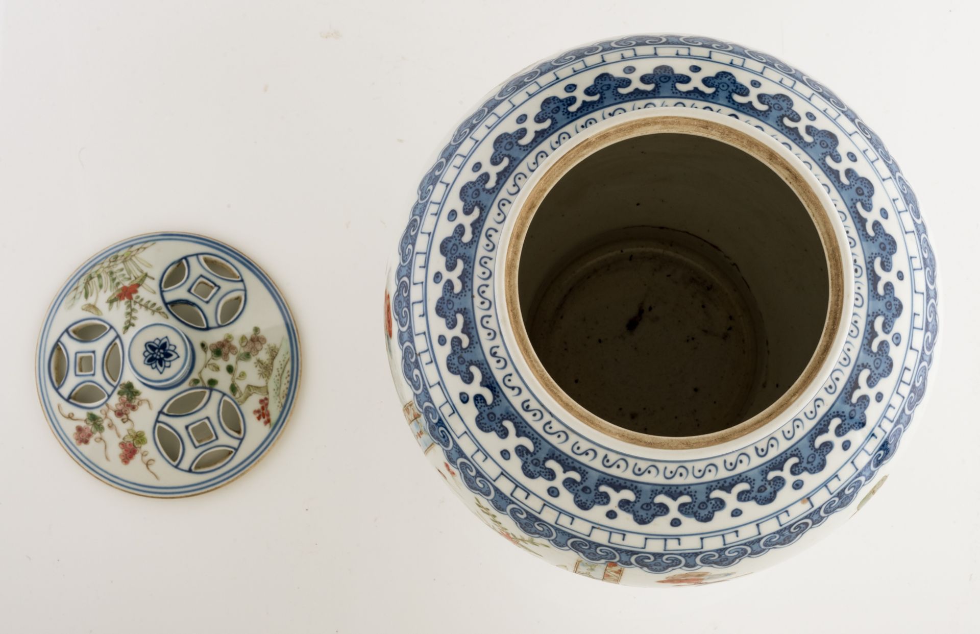 A Chinese blue and white and famille rose incense burner, decorated with a gallant garden scene, wit - Image 6 of 8