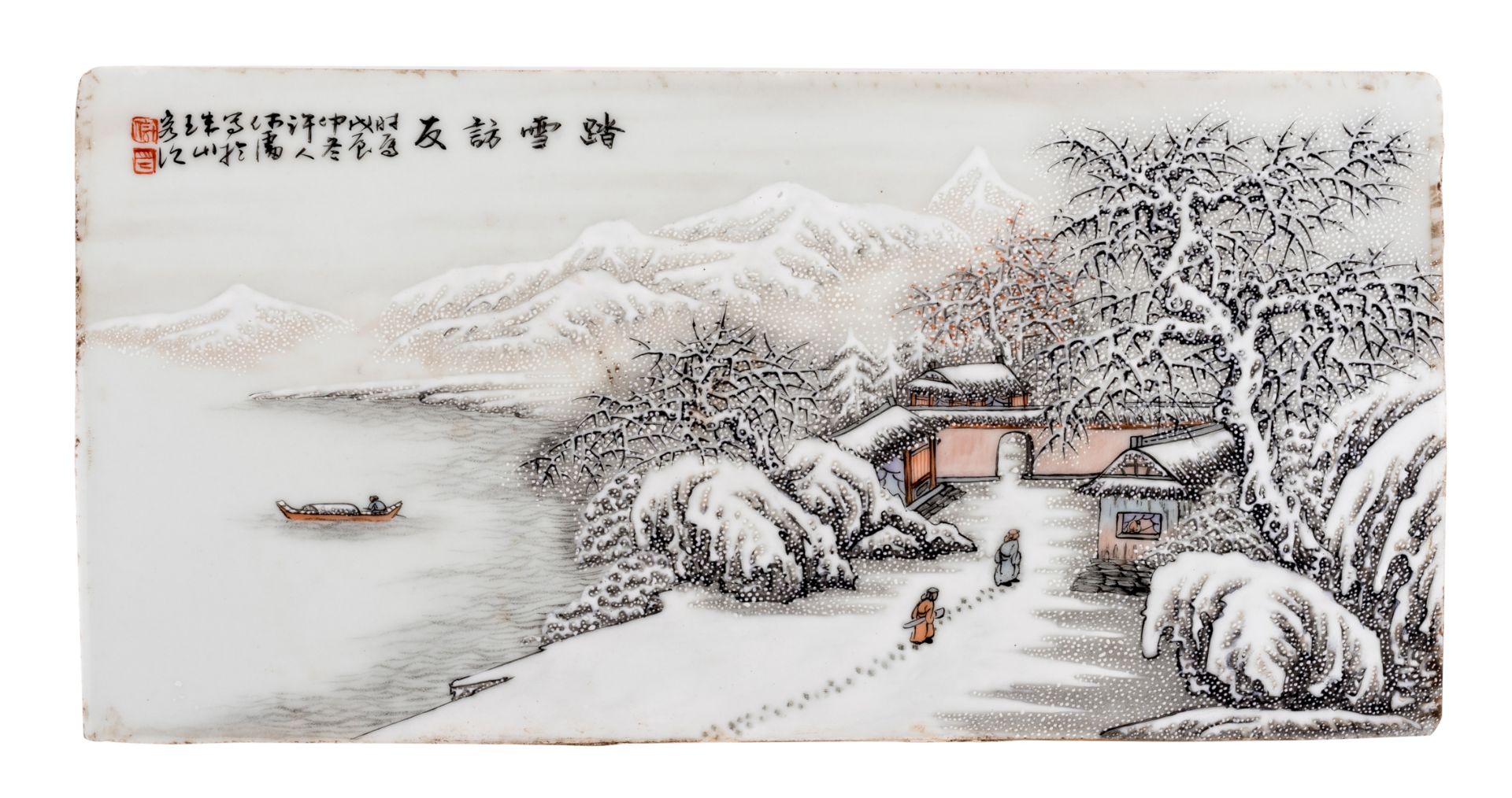 A Chinese polychrome porcelain plaque, decorated with figures in a mountainous winter river landscap