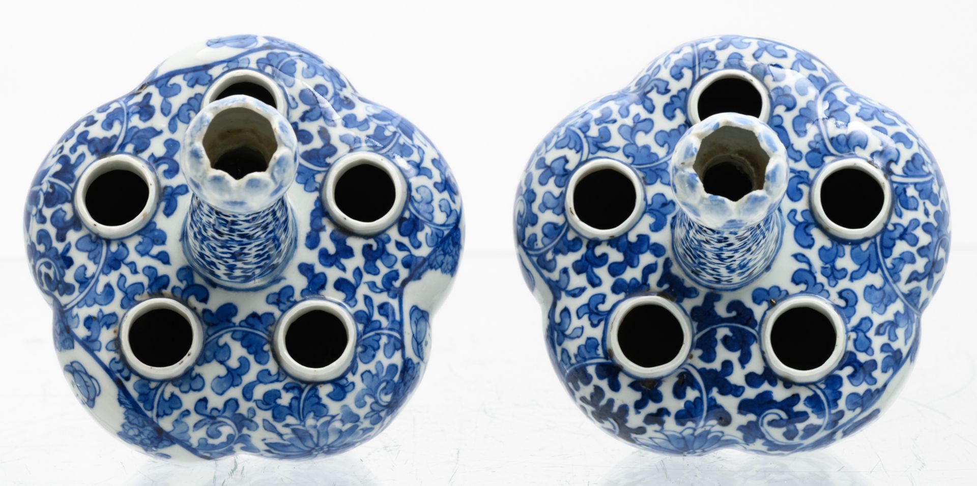 A pair of Chinese blue and white floral and relief decorated tulip vases, the roundels with figures - Image 5 of 7