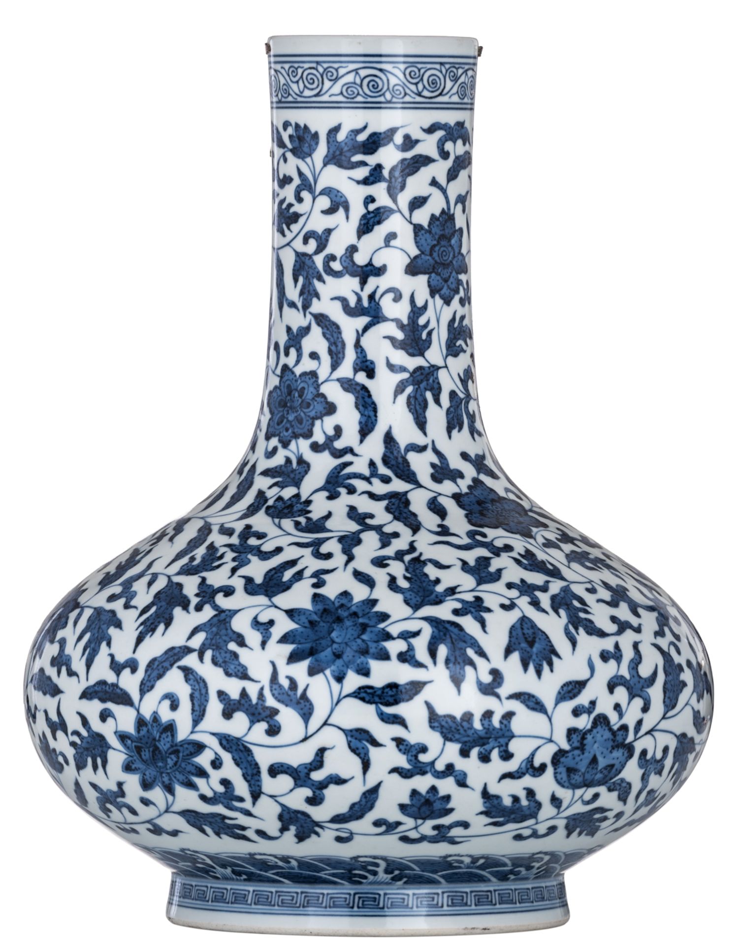 A Chinese blue and white bottle vase, decorated with scrolling leaves, with a Qianlong mark, 19thC,