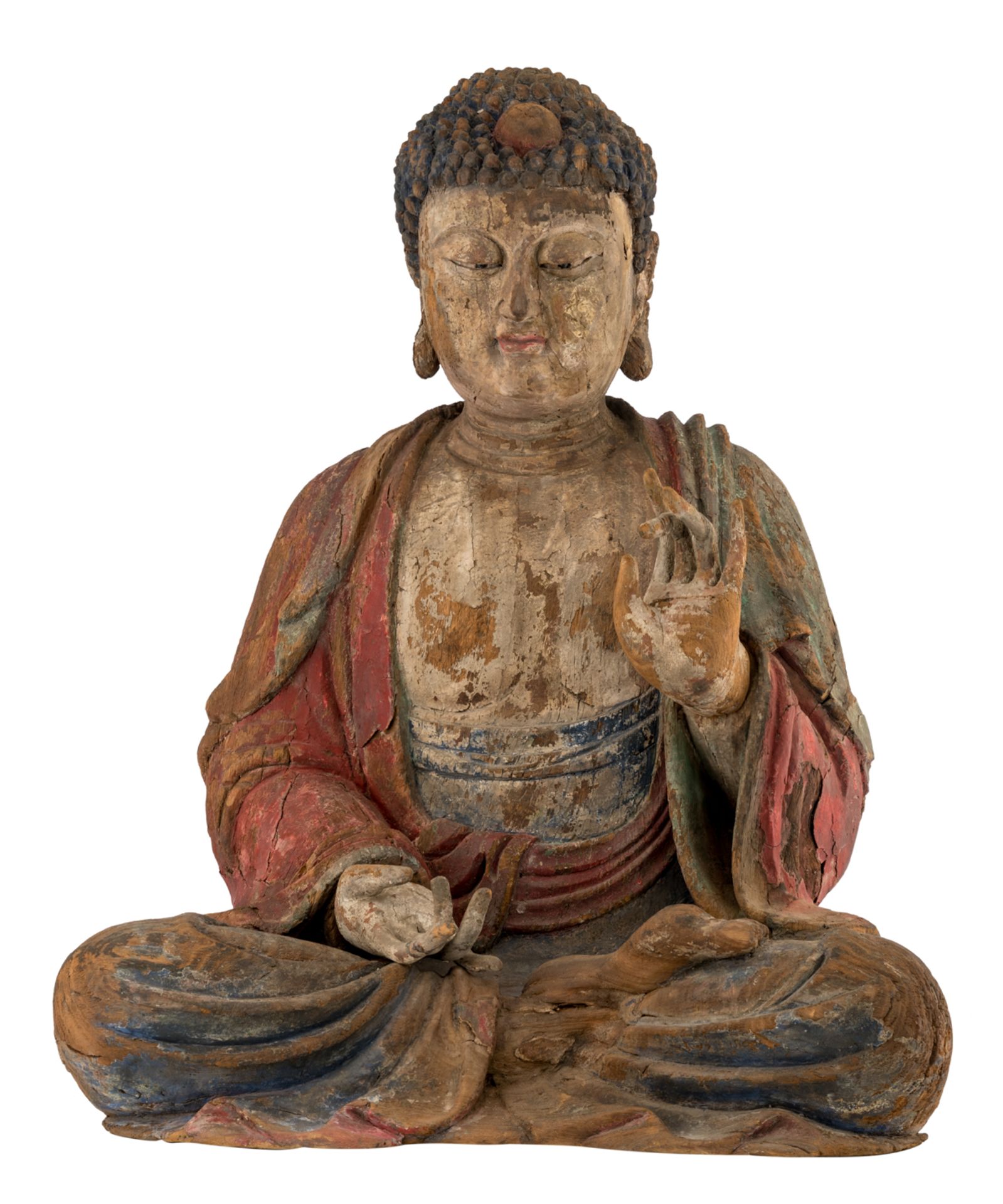The Buddha, Shijiamuni (Sk. Sakyamuni), sits in meditation Lianhuazuo (Sk. Padmasana), with his hand